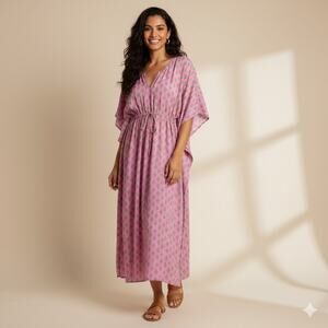 Pax Philomena Prickly Pax Pink Cactus Midi Kaftan Dress OS Swim Coverup Vacation